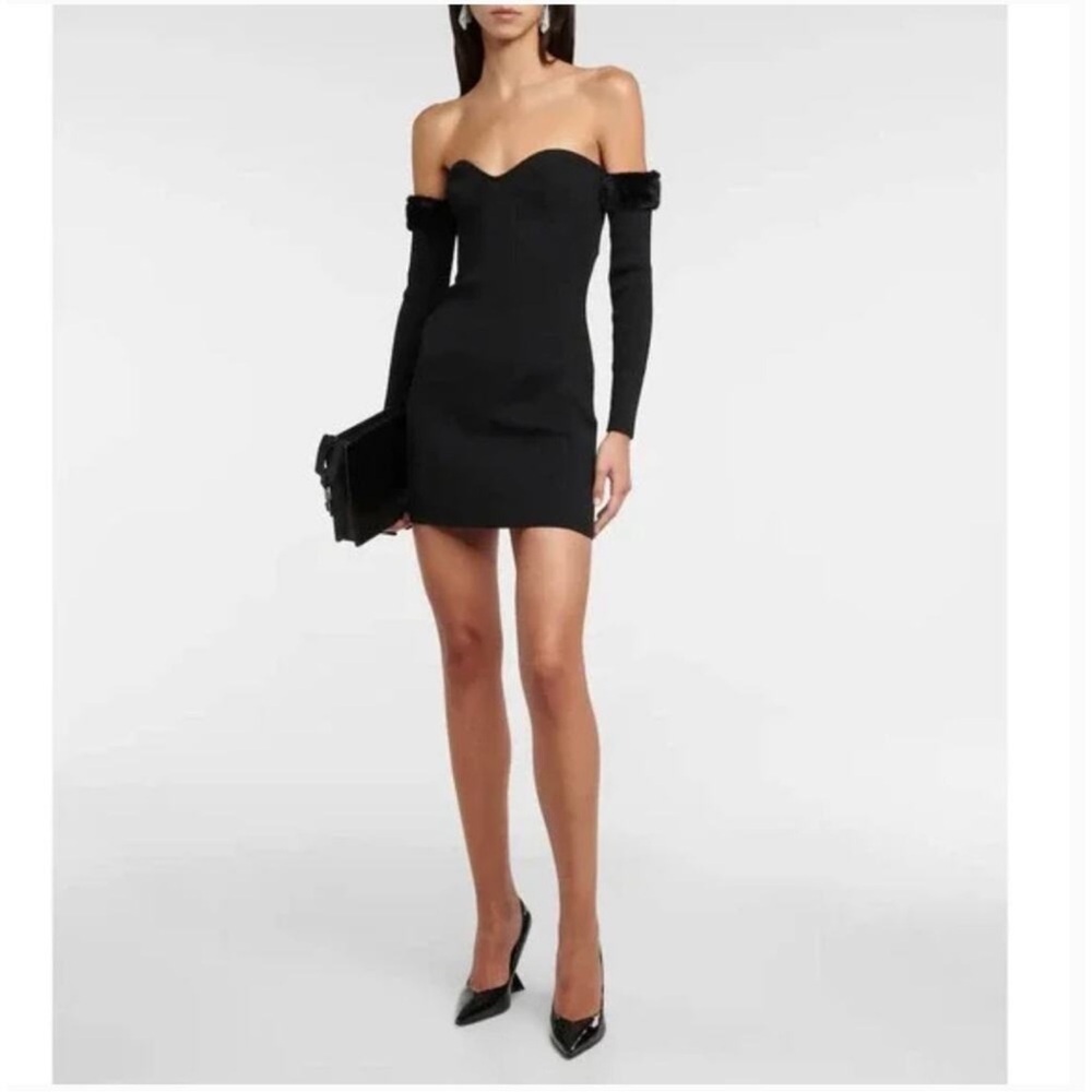 STAUD Josee Faux Fur Trimmed Mini Dress in Black Size Large NWT - Picture 2 of 6